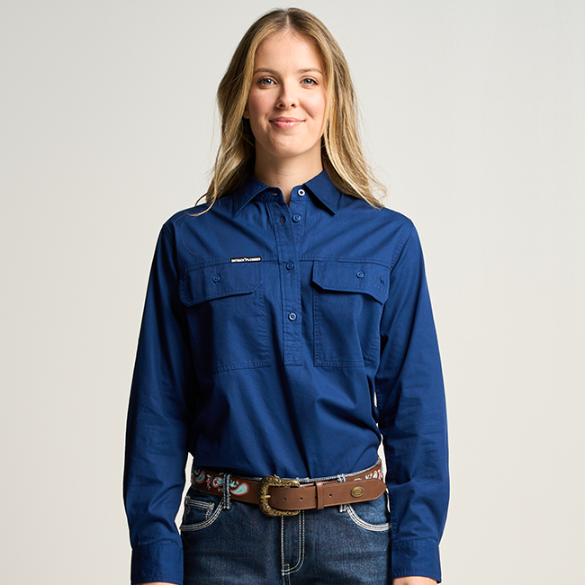 SOMERSET | Womens Half Button Long Sleeve Work Shirt - Navy