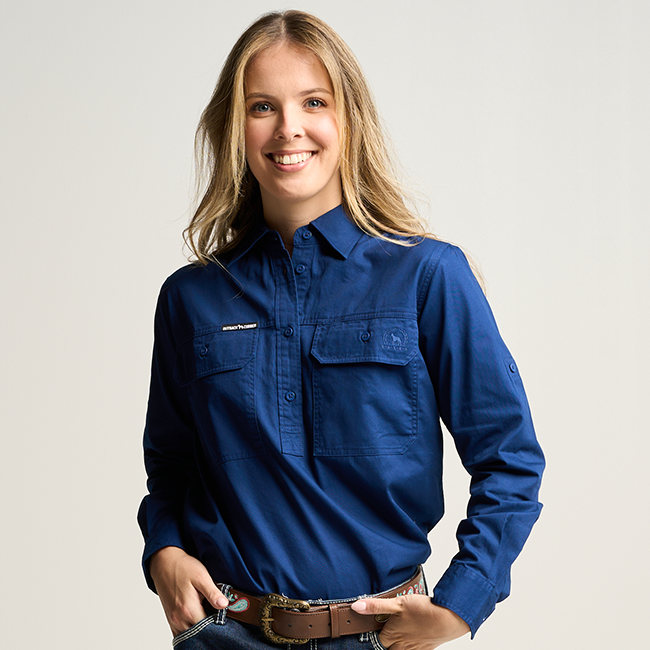 SOMERSET | Womens Half Button Long Sleeve Work Shirt - Navy