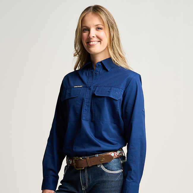 SOMERSET | Womens Half Button Long Sleeve Work Shirt - Navy