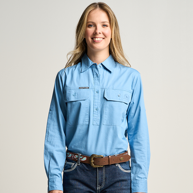 SOMERSET | Womens Half Button Long Sleeve Work Shirt - Sky Blue