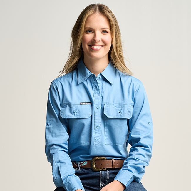 SOMERSET | Womens Half Button Long Sleeve Work Shirt - Sky Blue