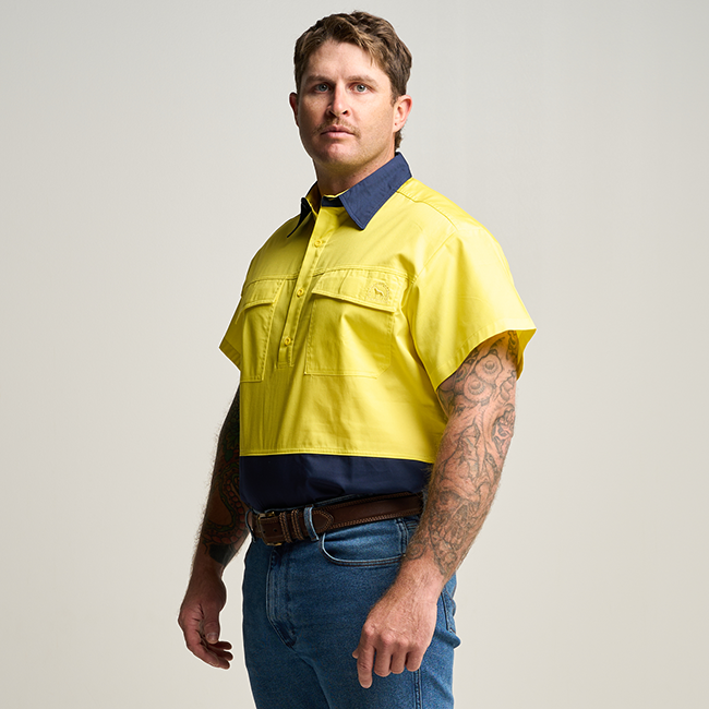 SHORTHORN MENS SHORT SLEEVE HALF BUTTON WORK SHIRT - FLURO YELLOW/NAVY