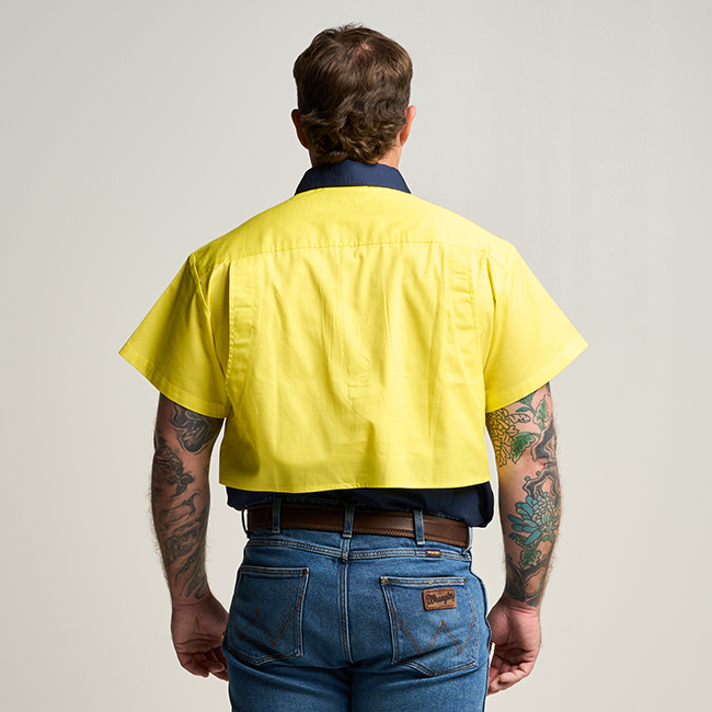 SHORTHORN MENS SHORT SLEEVE HALF BUTTON WORK SHIRT - FLURO YELLOW/NAVY