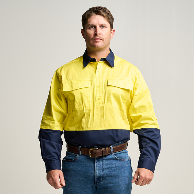 BRAHMAN MENS LONG SLEEVE HALF BUTTON WORK SHIRT - FLURO YELLOW / NAVY