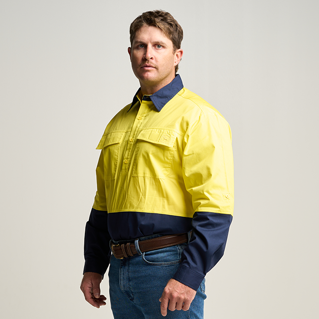 BRAHMAN MENS LONG SLEEVE HALF BUTTON WORK SHIRT - FLURO YELLOW / NAVY