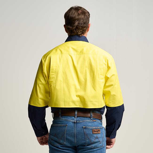 BRAHMAN MENS LONG SLEEVE HALF BUTTON WORK SHIRT - FLURO YELLOW / NAVY