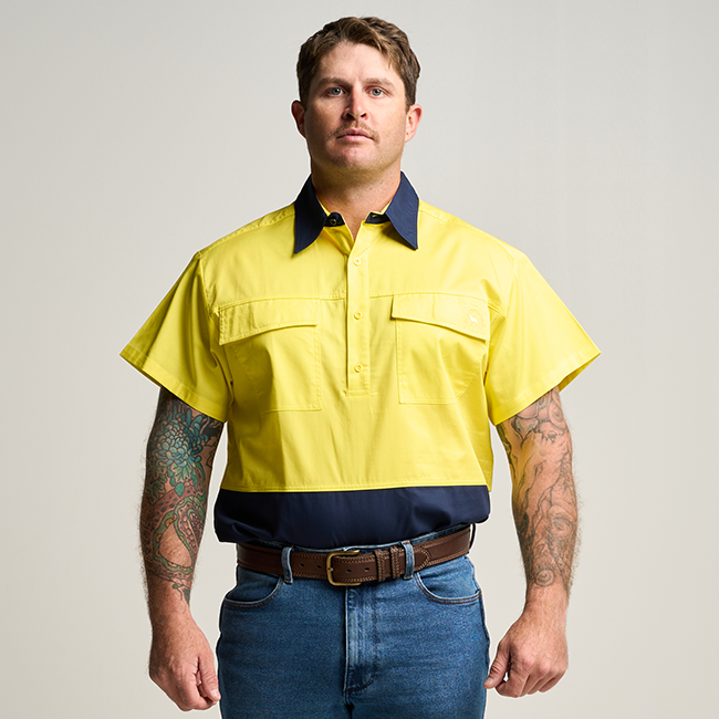 SHORTHORN MENS SHORT SLEEVE HALF BUTTON WORK SHIRT - FLURO YELLOW/NAVY