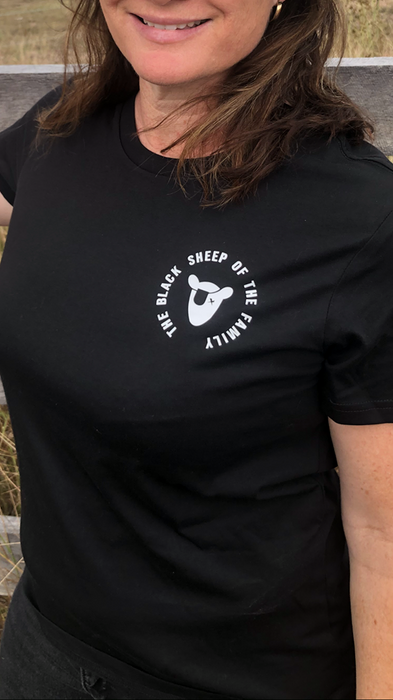 Women's Black T-Shirt with The Black Sheep Of The Family logo