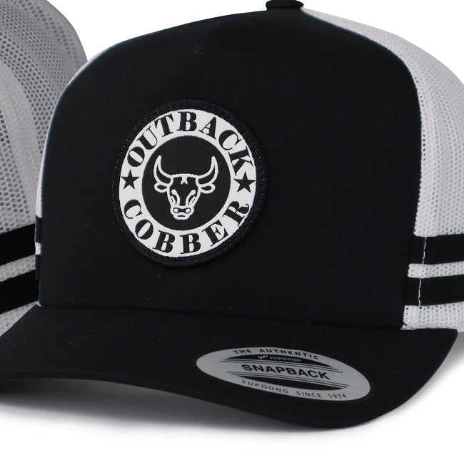 Black/White Trucker Striped Cap with Bull Logo